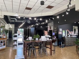 IMG_6471 A modern hair salon interior with styling stations, product displays, wall art, large windows, and overhead lighting.