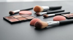 Makeup brushes, blending sponges, and eyeshadow palettes are arranged on a dark surface.