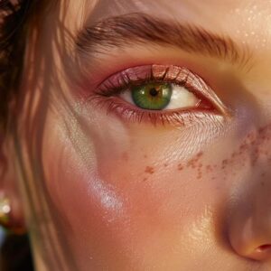 A close-up of a person's green eye with pink eyeshadow, natural freckles, dewy skin, and sunlight casting shadows across the face.