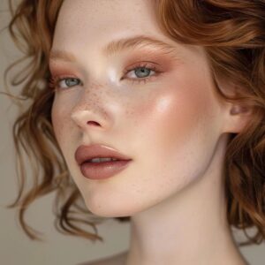 A person with fair skin, freckles, and wavy red hair looks toward the camera. They have natural makeup with highlighted cheeks and nude lipstick.