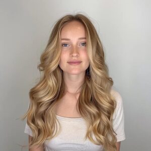 A young woman with long, wavy blonde hair and fair skin, wearing a light-colored top, stands in front of a plain light background.